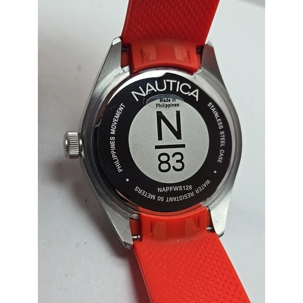 Mens Nautica N83 Finn World Watch 44mm Red Silicone Gray Quartz New Battery 50m